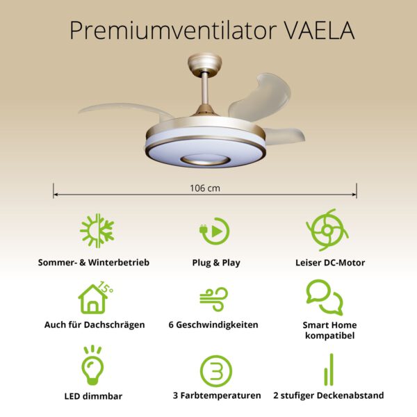 Deckenventilator mit Beleuchtung – goldfarbene Basis, modernes Design & LED-Licht