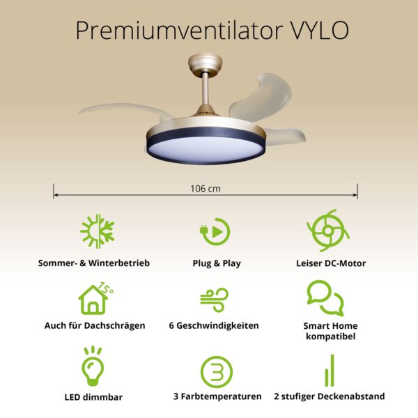 Deckenventilator mit Beleuchtung – goldfarbene Basis, modernes Design & LED-Licht