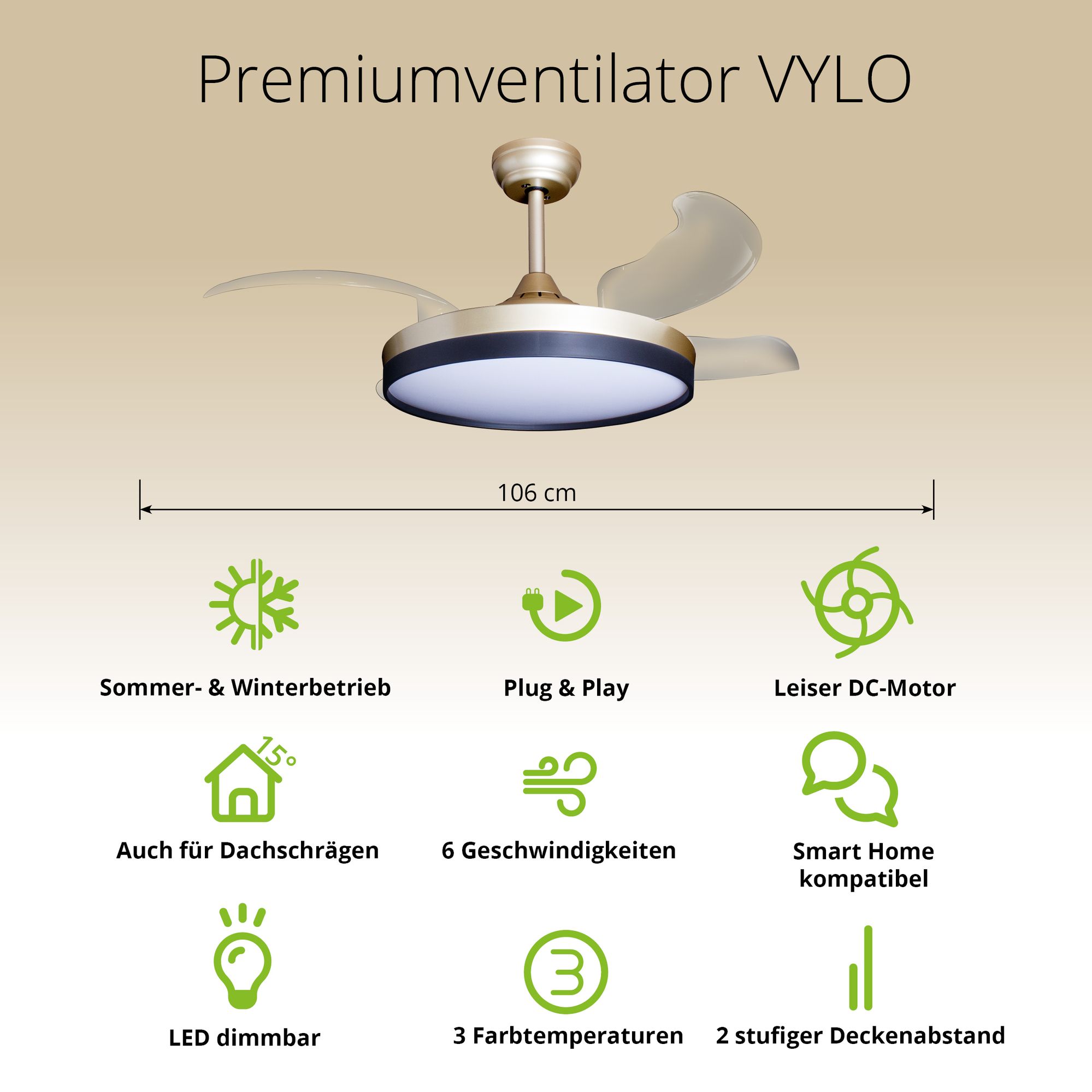 Deckenventilator mit Beleuchtung – goldfarbene Basis, modernes Design & LED-Licht – Bild 38