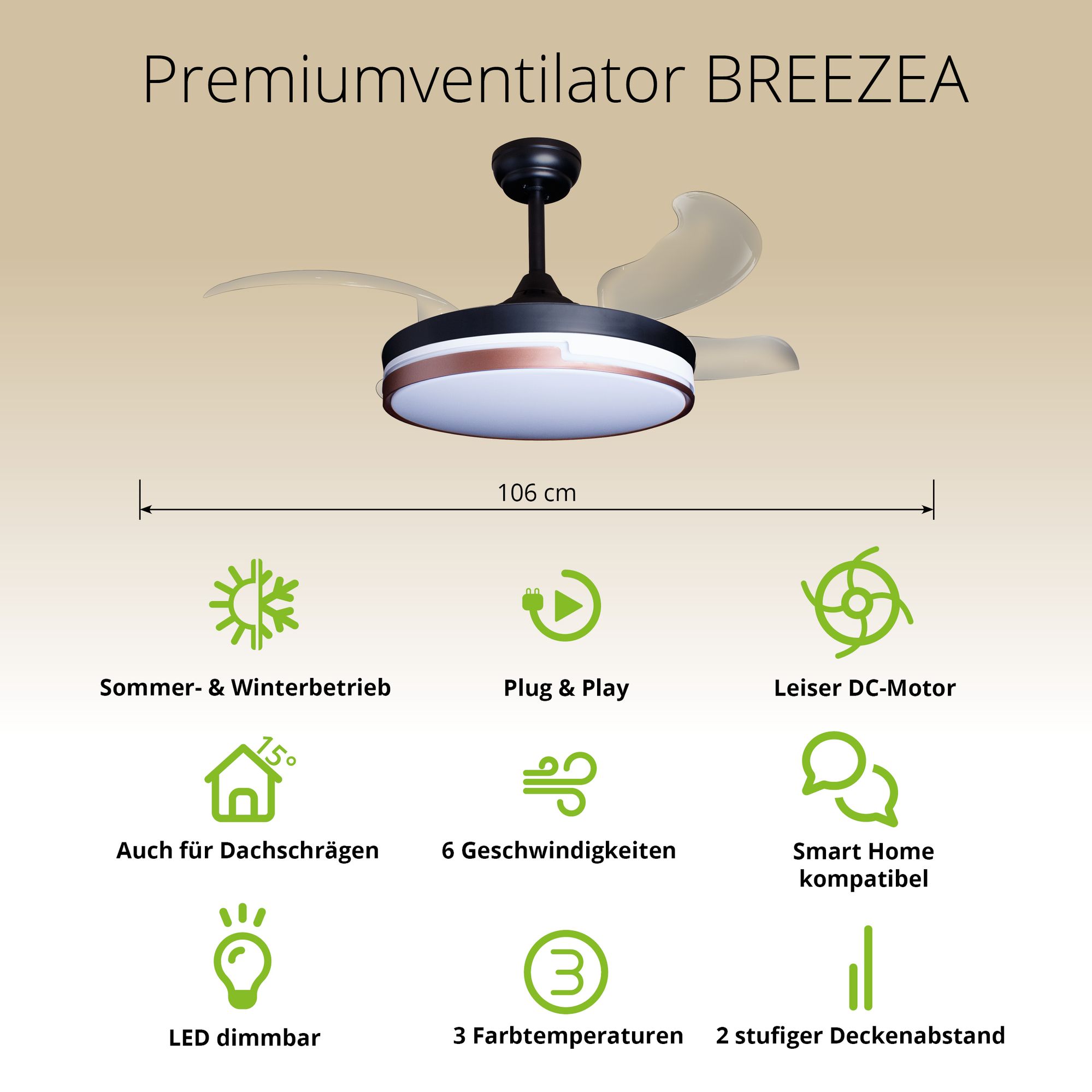 Deckenventilator mit Beleuchtung – schwarze Basis, modernes Design & LED-Licht – Bild 30