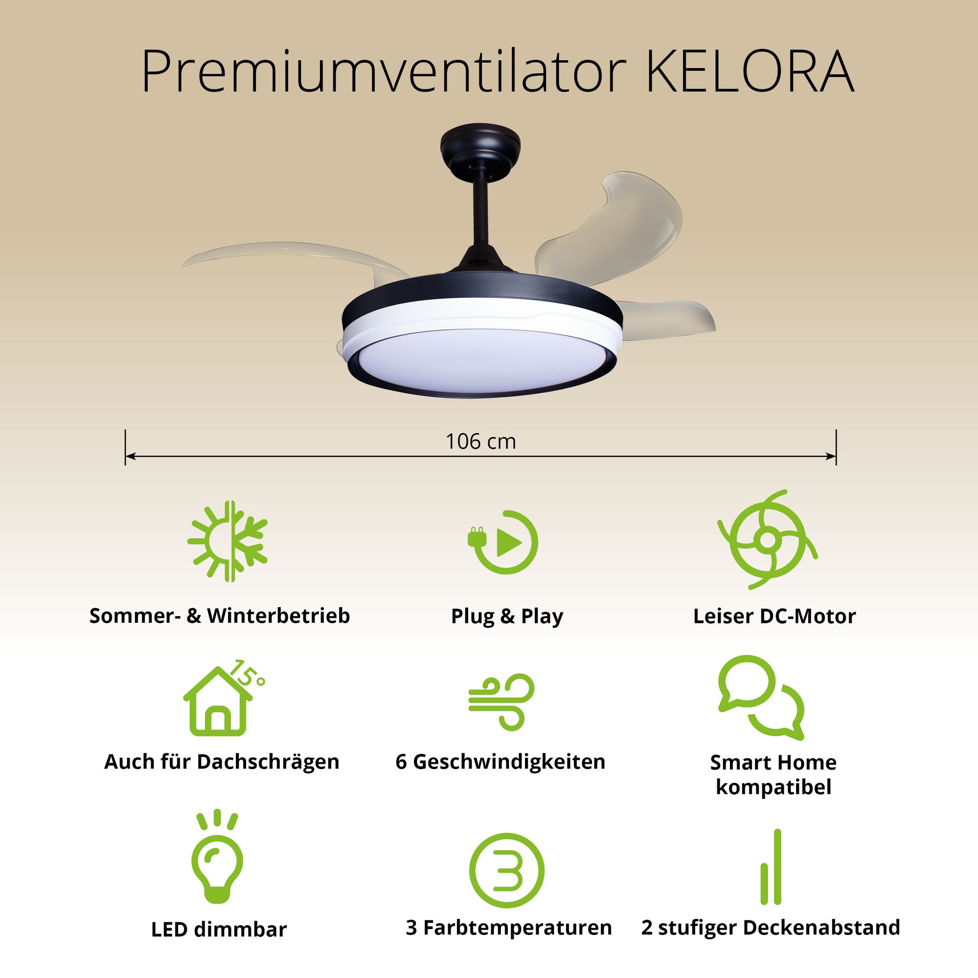 Deckenventilator mit Beleuchtung – schwarze Basis, modernes Design & LED-Licht – Bild 33