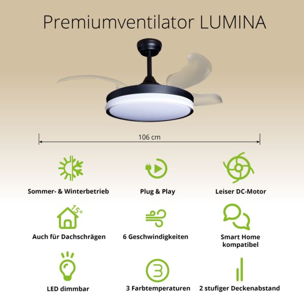 Deckenventilator mit Beleuchtung – schwarze Basis, modernes Design & LED-Licht