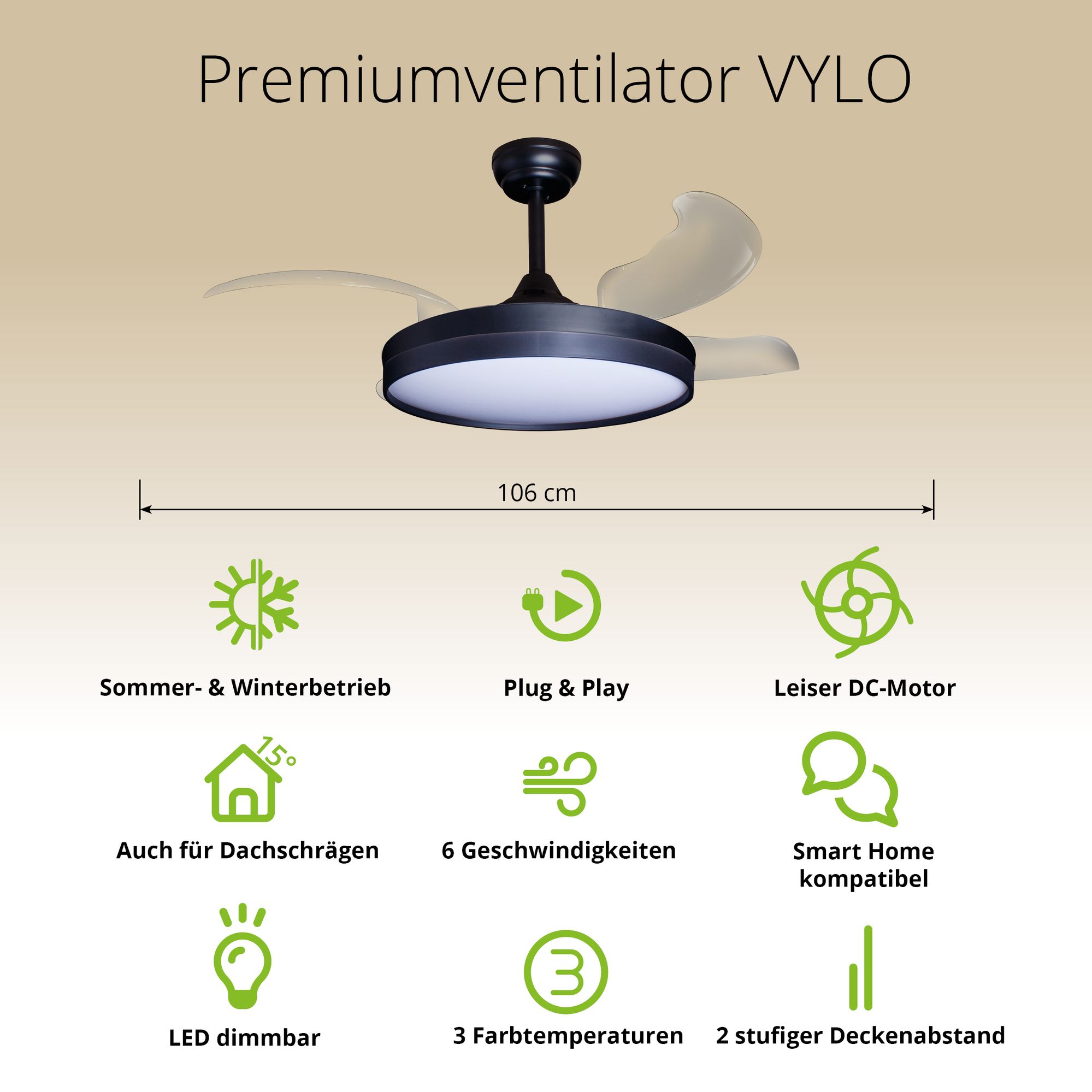 Deckenventilator mit Beleuchtung – schwarze Basis, modernes Design & LED-Licht – Bild 38