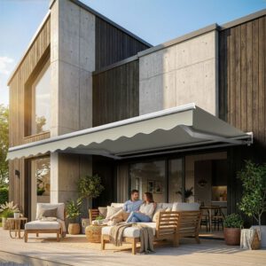 Markise elektrisch Standard Kassettenmarkise Gelenkarmmarkise Gestell Farbe Weiß (entspricht RAL 9010)