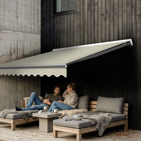 Markise elektrisch Standard Kassettenmarkise Gelenkarmmarkise Gestell Farbe Weiß (entspricht RAL 9010)