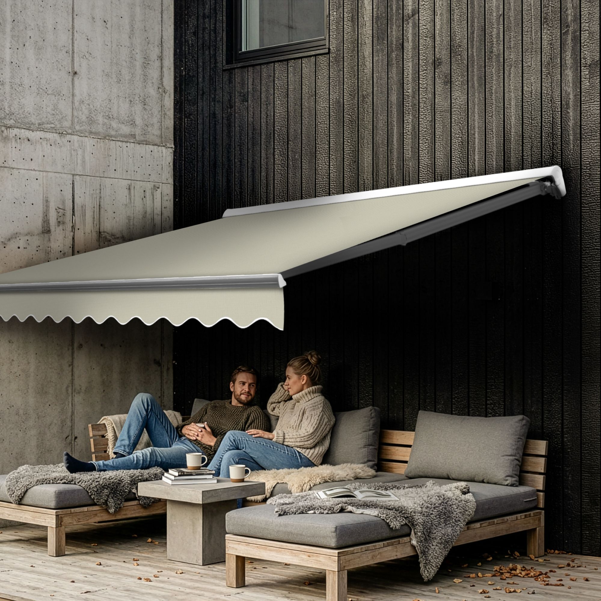 Markise elektrisch Standard Kassettenmarkise Gelenkarmmarkise Gestell Farbe Weiß (entspricht RAL 9010)