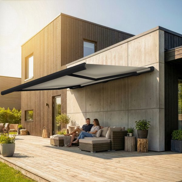 Markise elektrische Premium Kassettenmarkise Gelenkarm Vollkassettenmarkise anthrazit Kassette (Ähnlich RAL 7016)