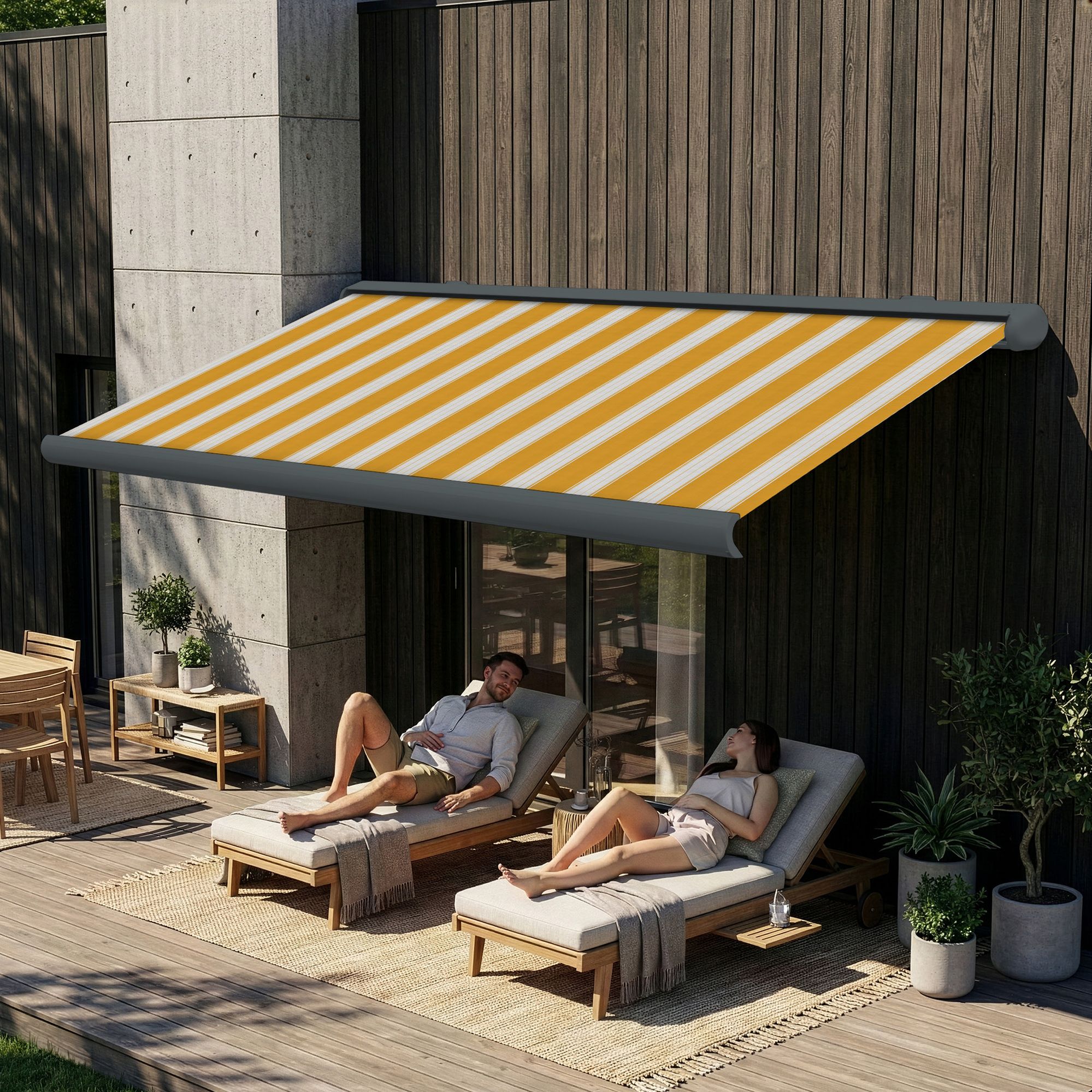 Markise elektrische Premium Kassettenmarkise Gelenkarm Vollkassettenmarkise basaltgraue Kassette (Ähnlich RAL 7012)