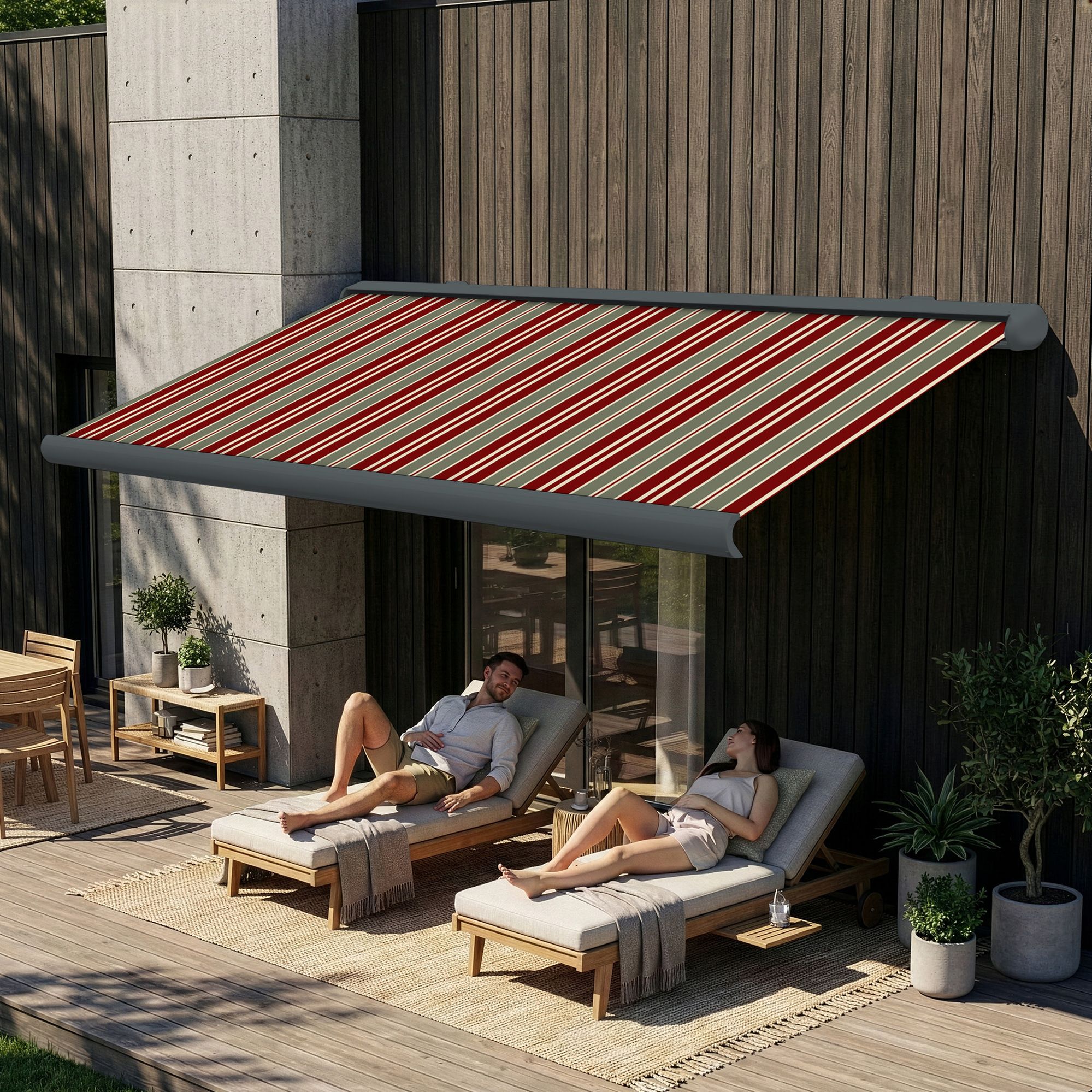 Markise elektrische Premium Kassettenmarkise Gelenkarm Vollkassettenmarkise basaltgraue Kassette (Ähnlich RAL 7012)