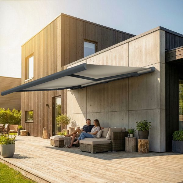 Markise elektrische Premium Kassettenmarkise Gelenkarm Vollkassettenmarkise basaltgraue Kassette (Ähnlich RAL 7012)