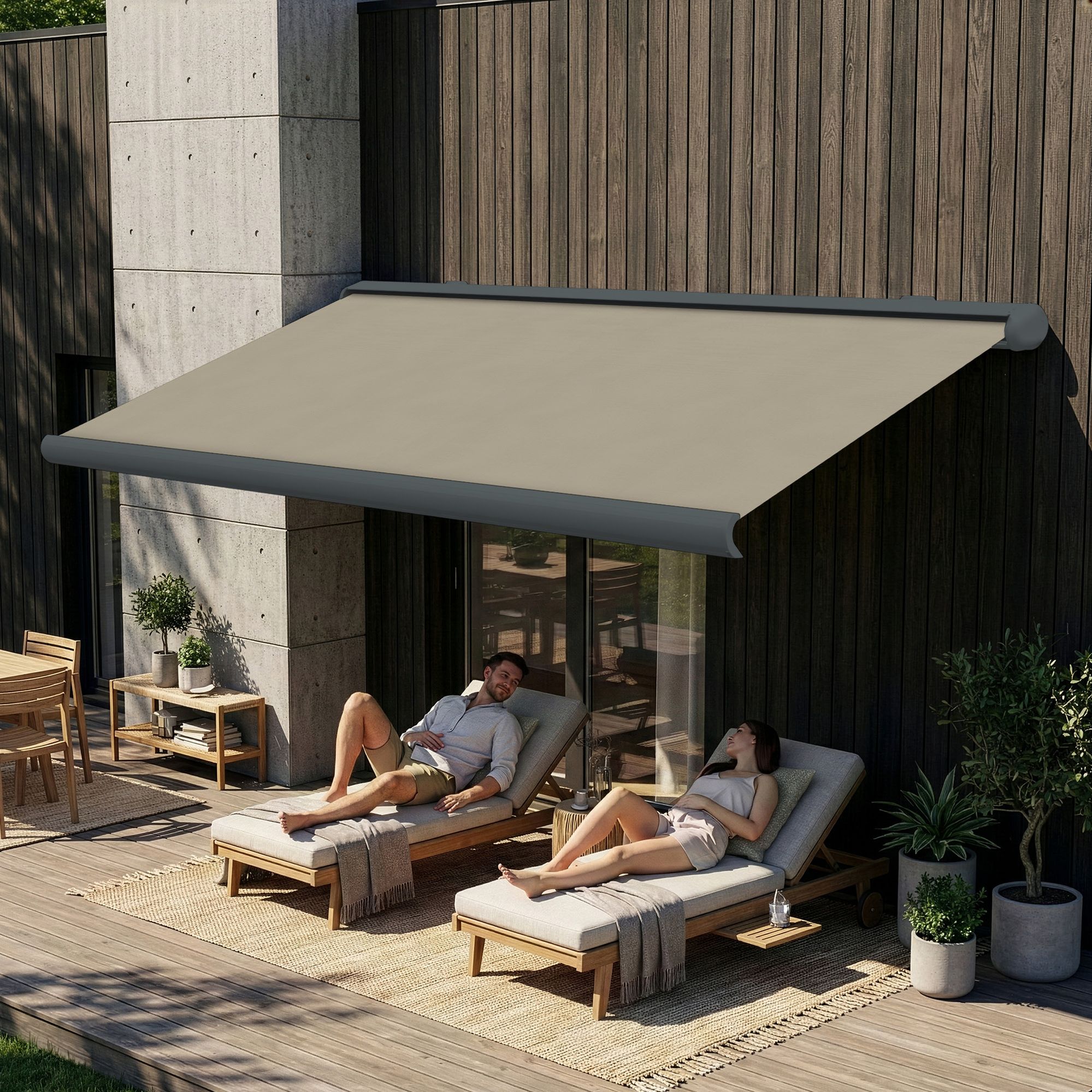 Markise elektrische Premium Kassettenmarkise Gelenkarm Vollkassettenmarkise basaltgraue Kassette (Ähnlich RAL 7012)