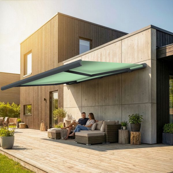 Markise elektrische Premium Kassettenmarkise Gelenkarm Vollkassettenmarkise basaltgraue Kassette (Ähnlich RAL 7012)