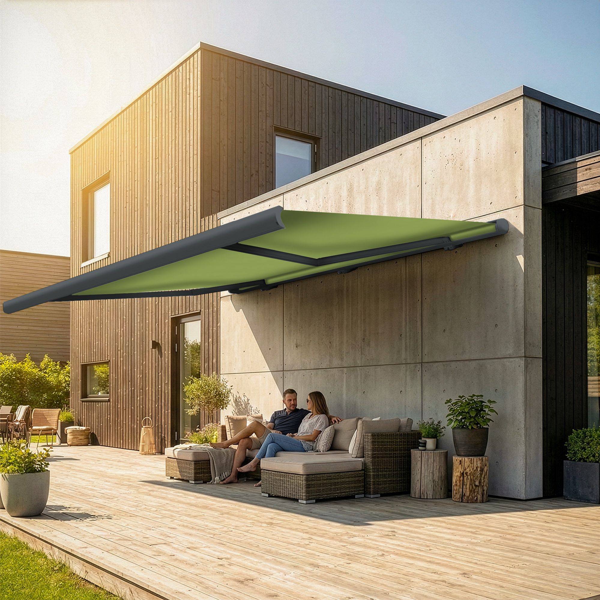 Markise elektrische Premium Kassettenmarkise Gelenkarm Vollkassettenmarkise basaltgraue Kassette (Ähnlich RAL 7012)