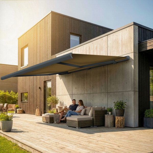 Markise elektrische Premium Kassettenmarkise Gelenkarm Vollkassettenmarkise basaltgraue Kassette (Ähnlich RAL 7012)