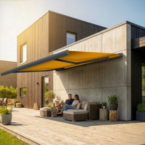 Markise elektrische Premium Kassettenmarkise Gelenkarm Vollkassettenmarkise basaltgraue Kassette (Ähnlich RAL 7012)