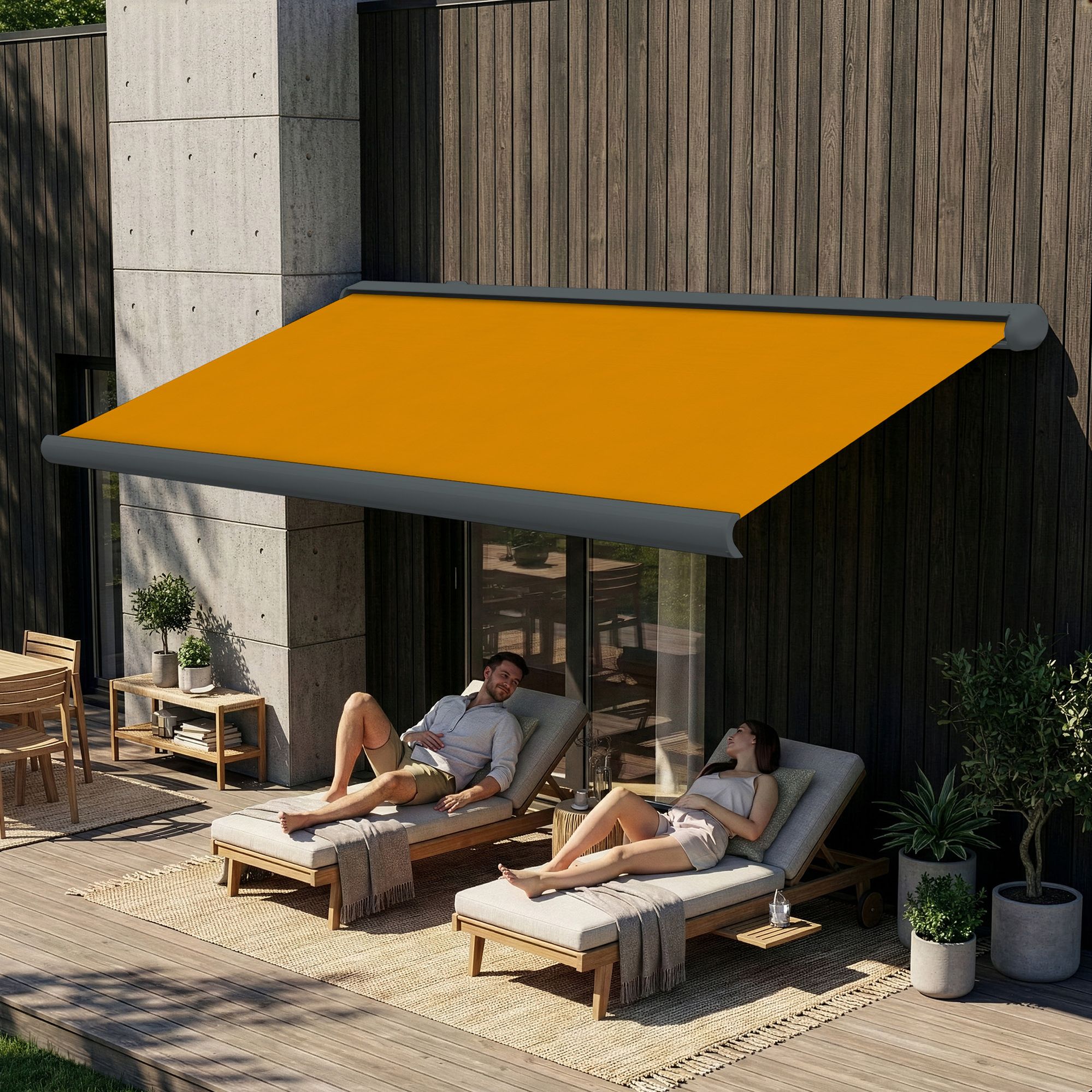 Markise elektrische Premium Kassettenmarkise Gelenkarm Vollkassettenmarkise basaltgraue Kassette (Ähnlich RAL 7012)