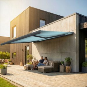 Markise elektrische Premium Kassettenmarkise Gelenkarm Vollkassettenmarkise basaltgraue Kassette (Ähnlich RAL 7012)