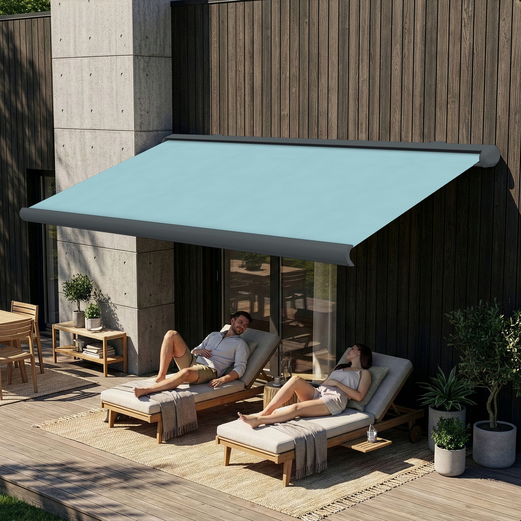 Markise elektrische Premium Kassettenmarkise Gelenkarm Vollkassettenmarkise basaltgraue Kassette (Ähnlich RAL 7012)