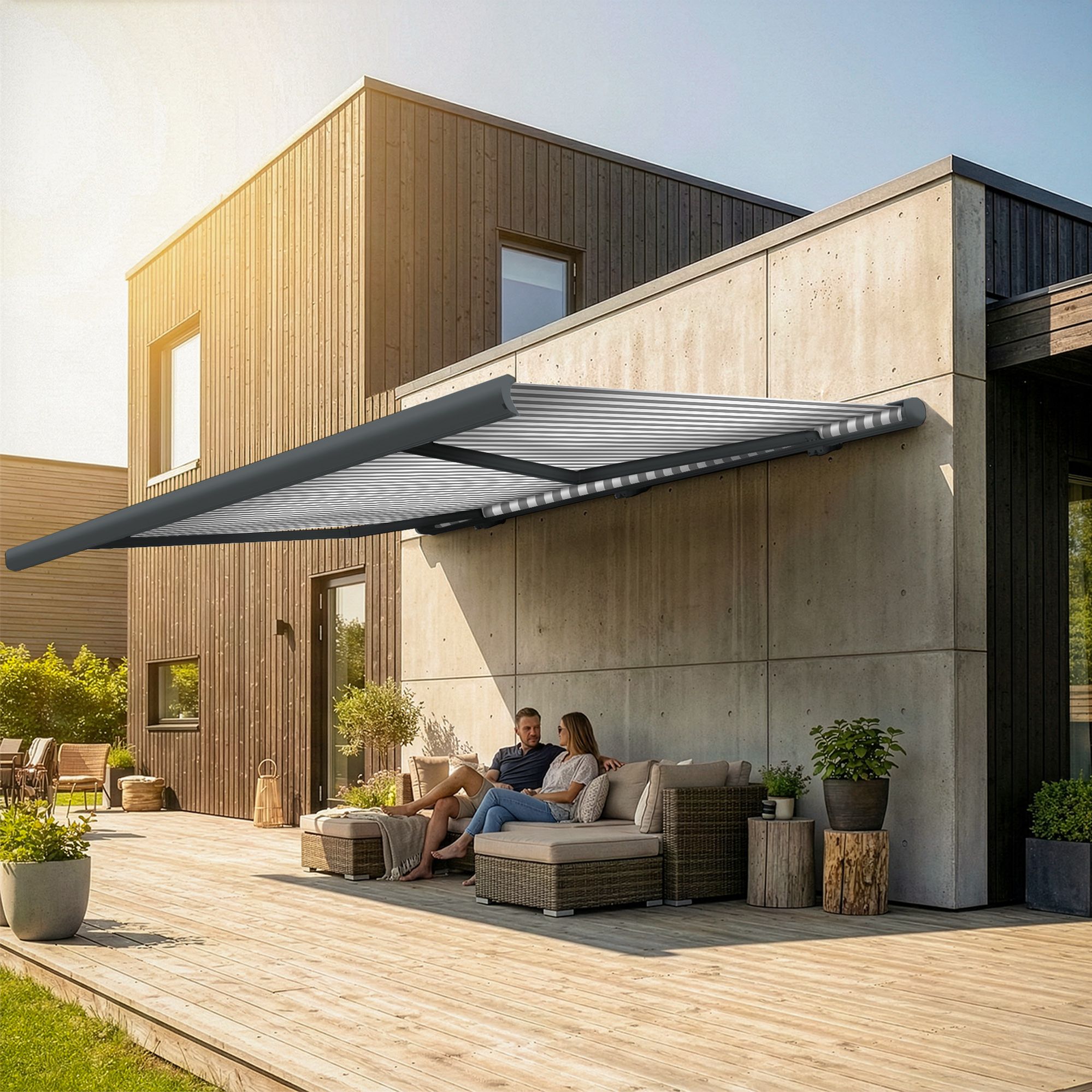 Markise elektrische Premium Kassettenmarkise Gelenkarm Vollkassettenmarkise basaltgraue Kassette (Ähnlich RAL 7012)