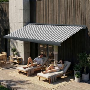 Markise elektrische Premium Kassettenmarkise Gelenkarm Vollkassettenmarkise basaltgraue Kassette (Ähnlich RAL 7012)