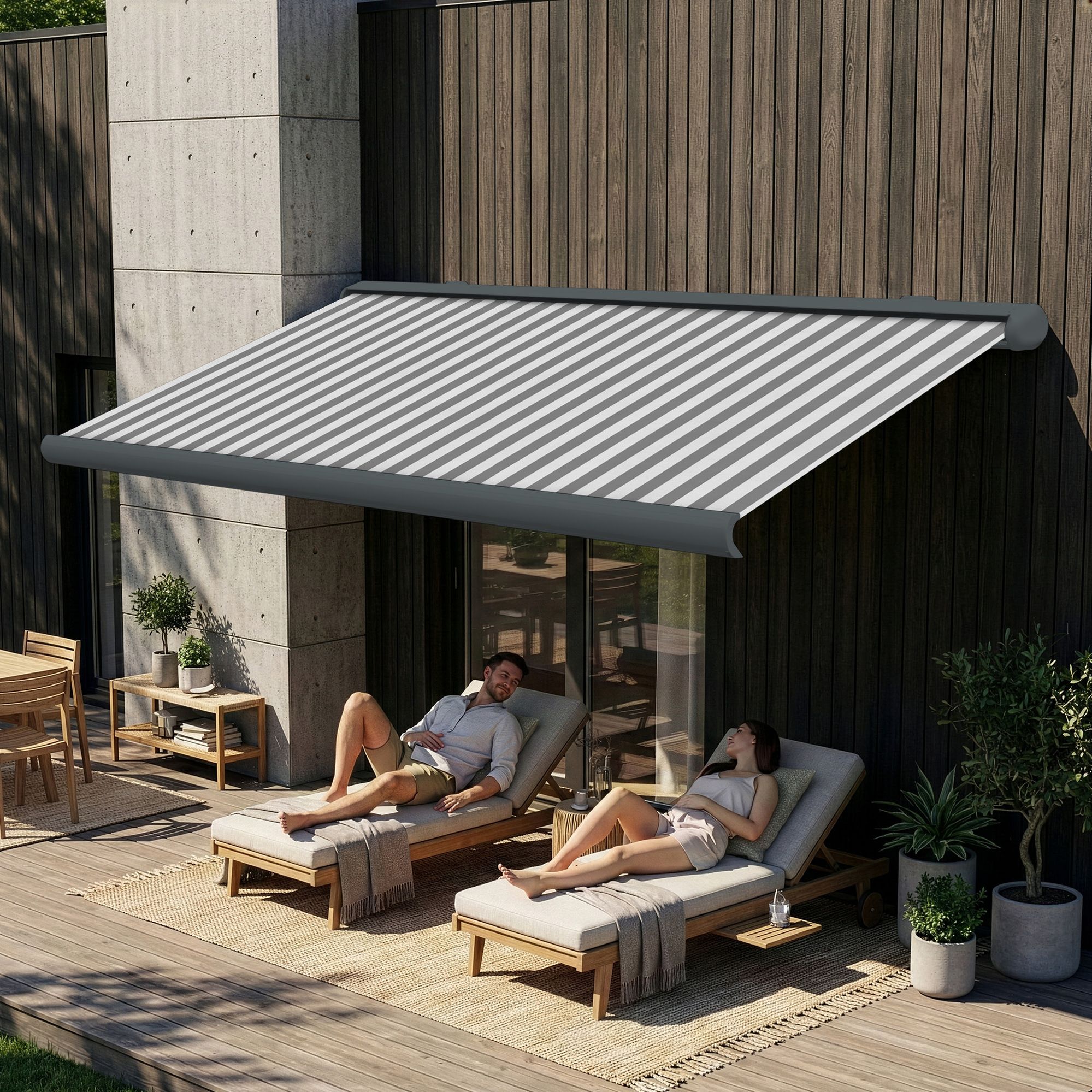 Markise elektrische Premium Kassettenmarkise Gelenkarm Vollkassettenmarkise basaltgraue Kassette (Ähnlich RAL 7012)