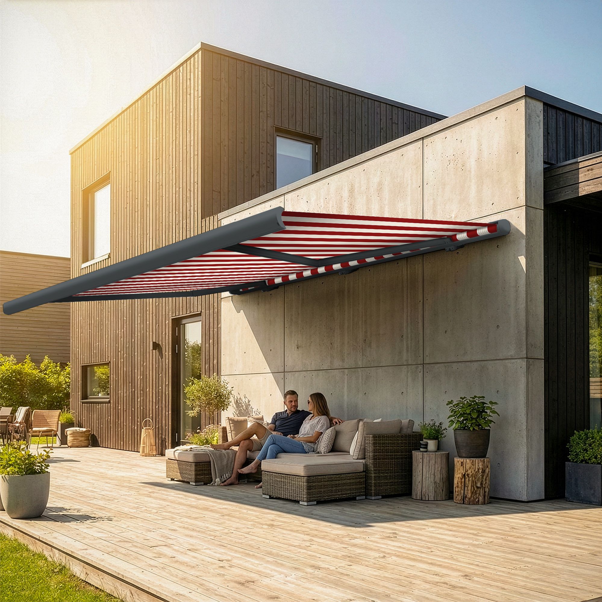 Markise elektrische Premium Kassettenmarkise Gelenkarm Vollkassettenmarkise basaltgraue Kassette (Ähnlich RAL 7012)