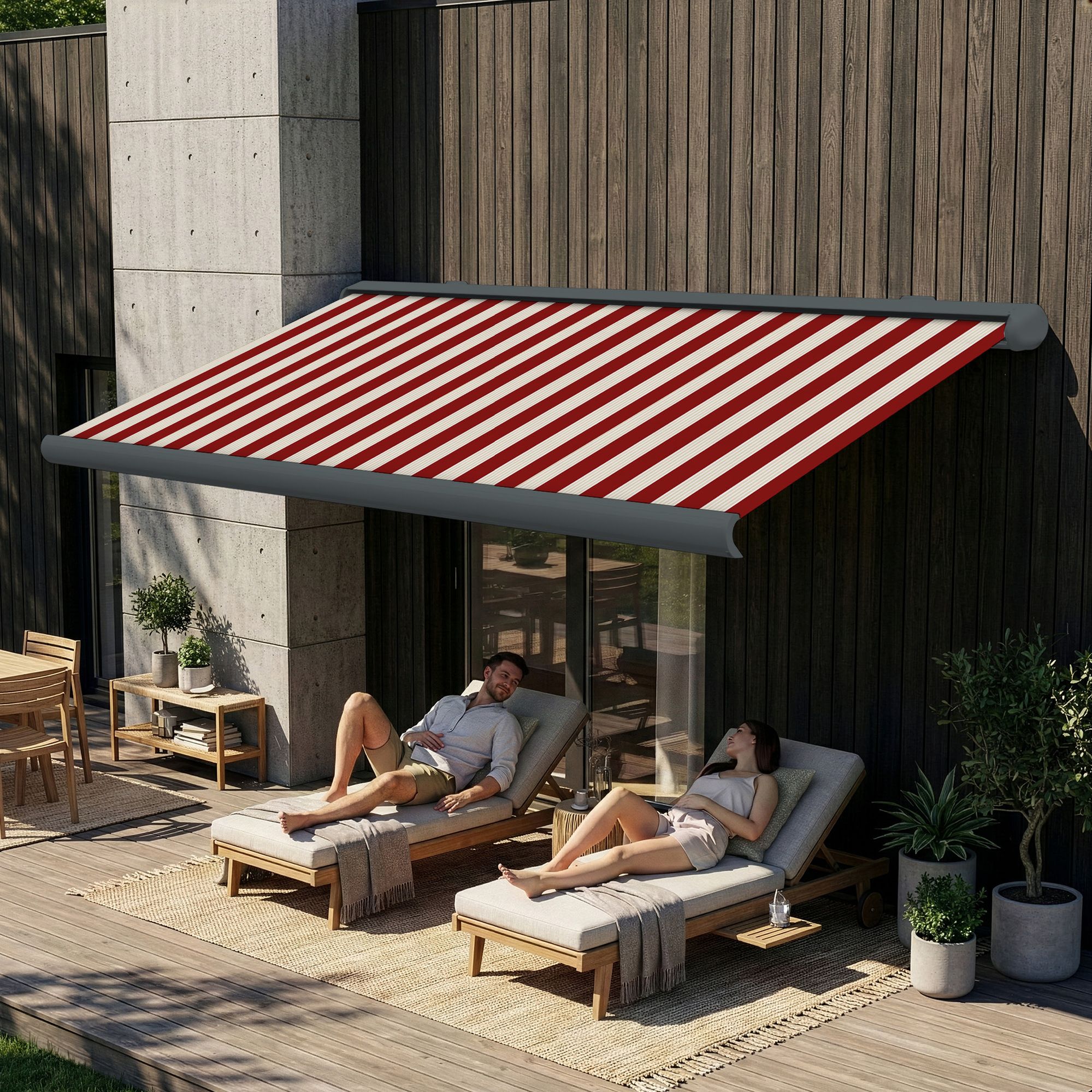 Markise elektrische Premium Kassettenmarkise Gelenkarm Vollkassettenmarkise basaltgraue Kassette (Ähnlich RAL 7012)