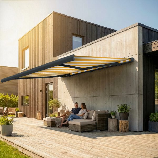 Markise elektrische Premium Kassettenmarkise Gelenkarm Vollkassettenmarkise basaltgraue Kassette (Ähnlich RAL 7012)