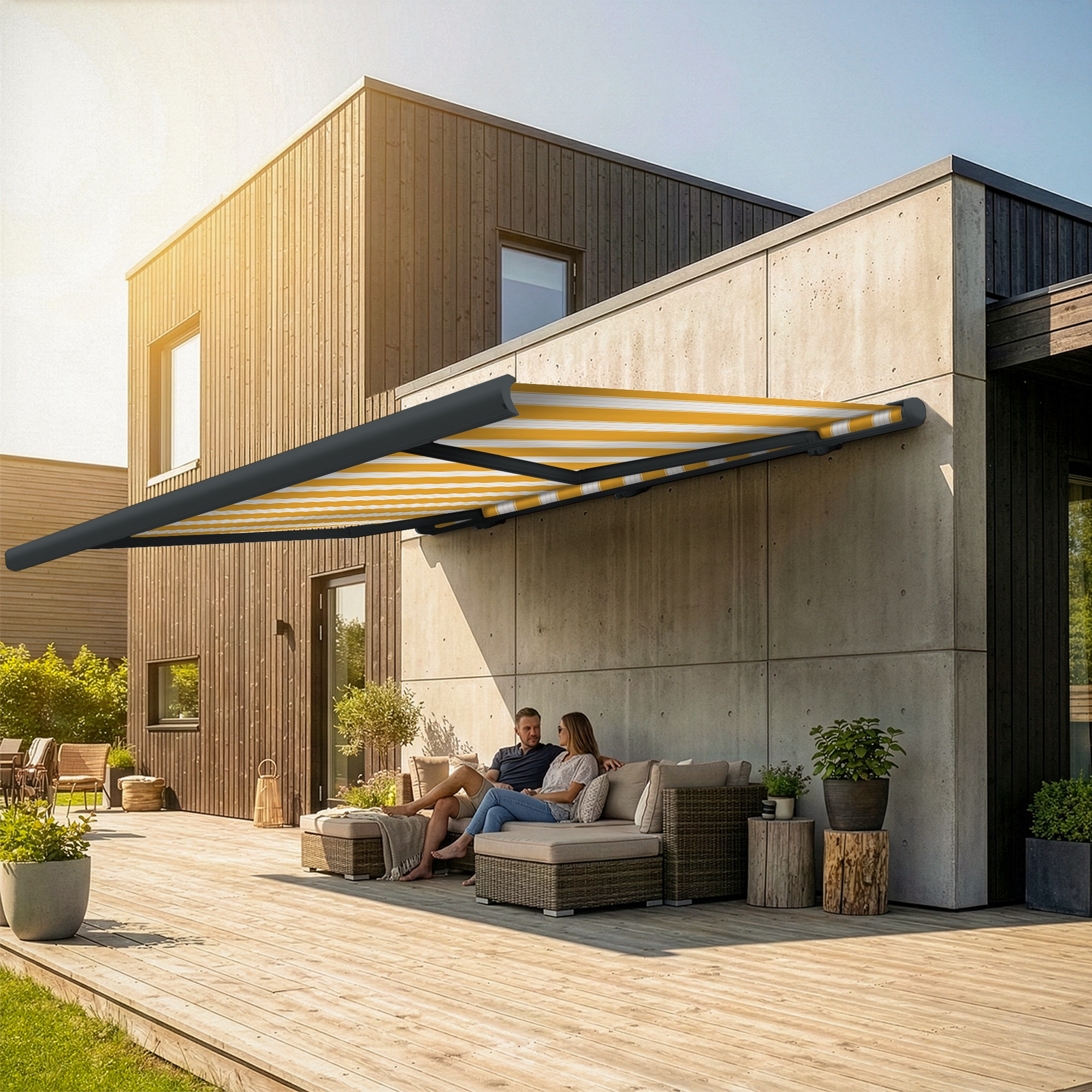 Markise elektrische Premium Kassettenmarkise Gelenkarm Vollkassettenmarkise basaltgraue Kassette (Ähnlich RAL 7012)