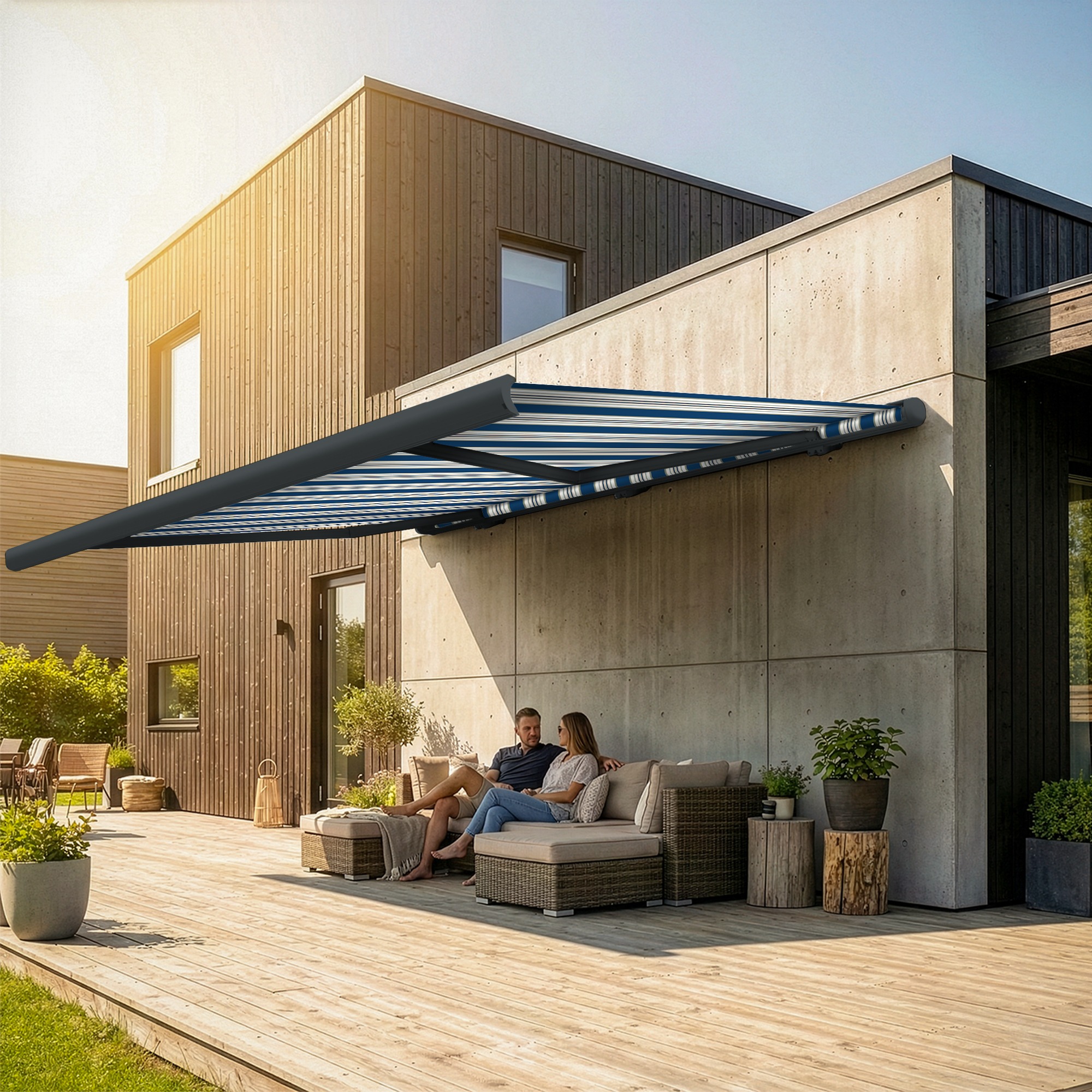 Markise elektrische Premium Kassettenmarkise Gelenkarm Vollkassettenmarkise basaltgraue Kassette (Ähnlich RAL 7012)