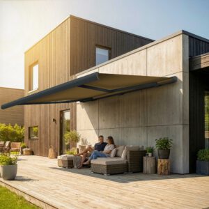 Markise elektrische Premium Kassettenmarkise Gelenkarm Vollkassettenmarkise basaltgraue Kassette (Ähnlich RAL 7012)