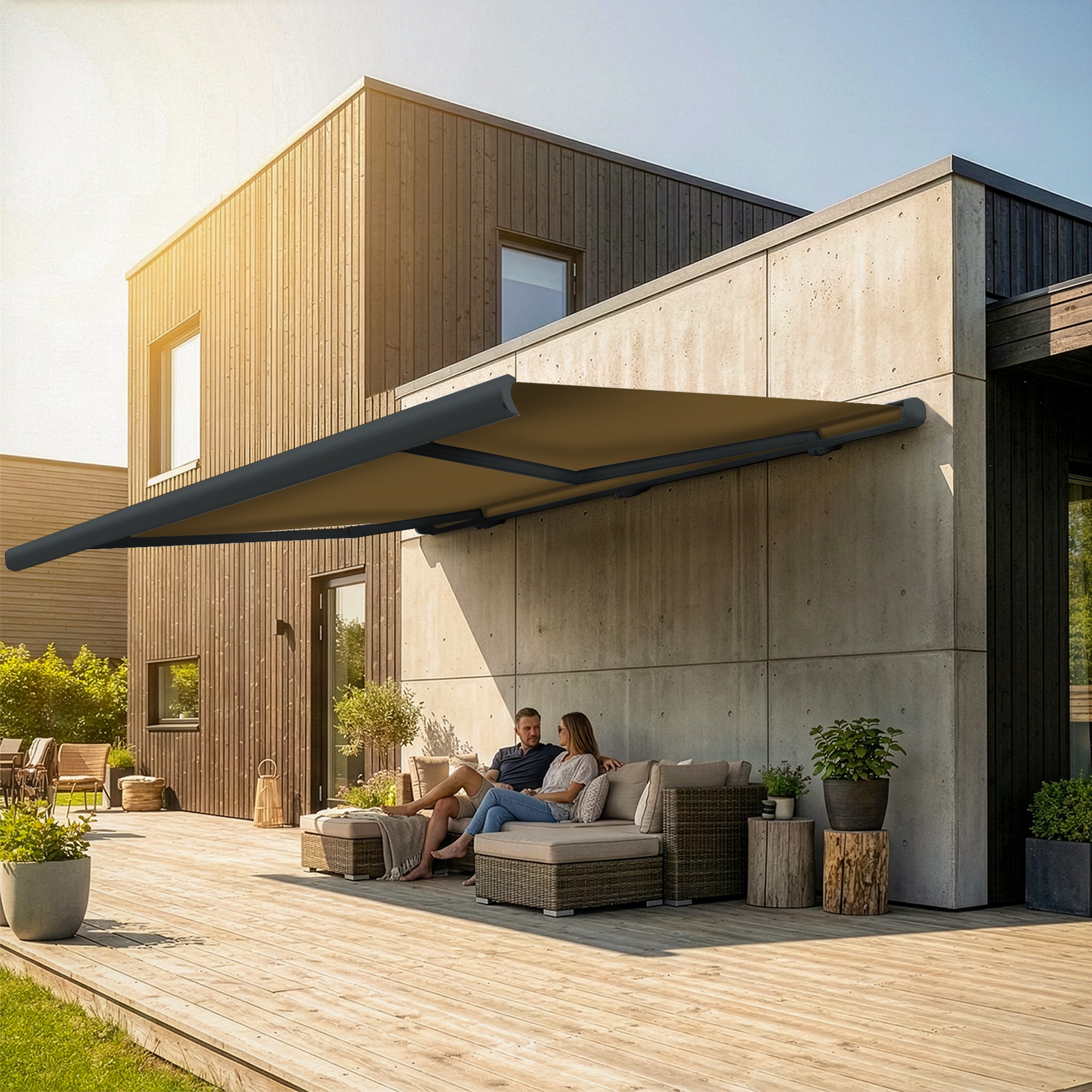 Markise elektrische Premium Kassettenmarkise Gelenkarm Vollkassettenmarkise basaltgraue Kassette (Ähnlich RAL 7012)