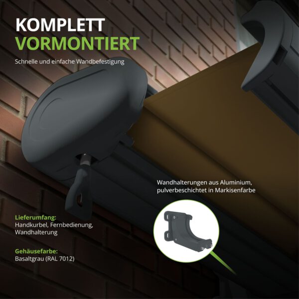 Markise elektrische Premium Kassettenmarkise Gelenkarm Vollkassettenmarkise basaltgraue Kassette (Ähnlich RAL 7012)