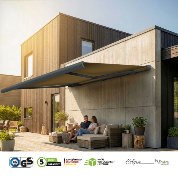 Markise elektrische Premium Kassettenmarkise Gelenkarm Vollkassettenmarkise basaltgraue Kassette (Ähnlich RAL 7012)