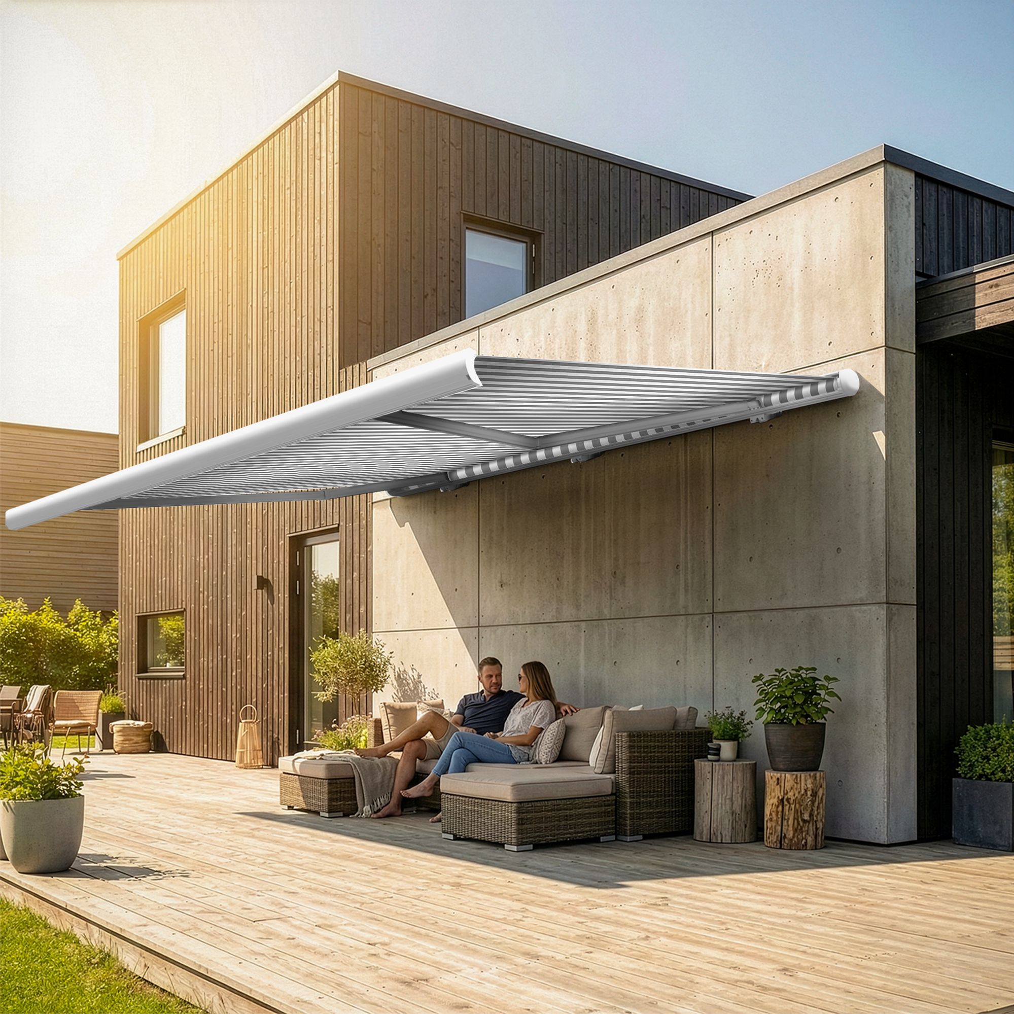 Markise elektrische Premium Kassettenmarkise Gelenkarm Vollkassettenmarkise weisse Kassette entspricht RAL 9010 600000 Markisen VK white 2026 1 2