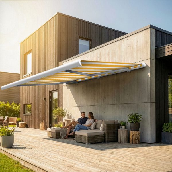 Markise elektrische Premium Kassettenmarkise Gelenkarm Vollkassettenmarkise weisse Kassette entspricht RAL 9010 600000 Markisen VK white 2026 10 2