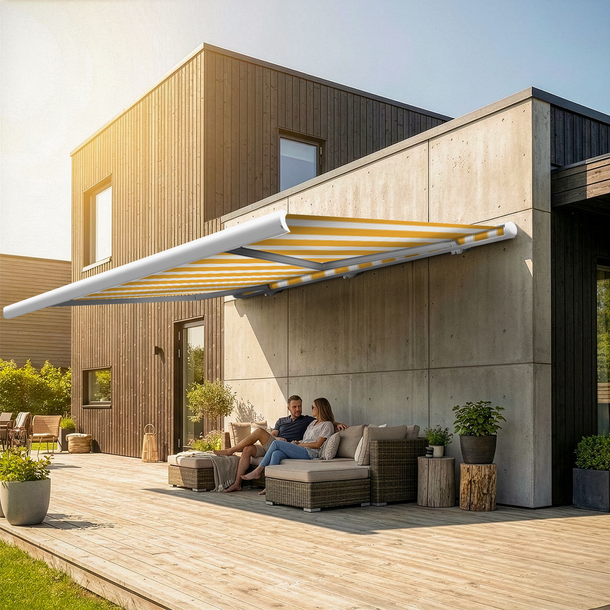 Markise elektrische Premium Kassettenmarkise Gelenkarm Vollkassettenmarkise weisse Kassette entspricht RAL 9010 600000 Markisen VK white 2026 10 2