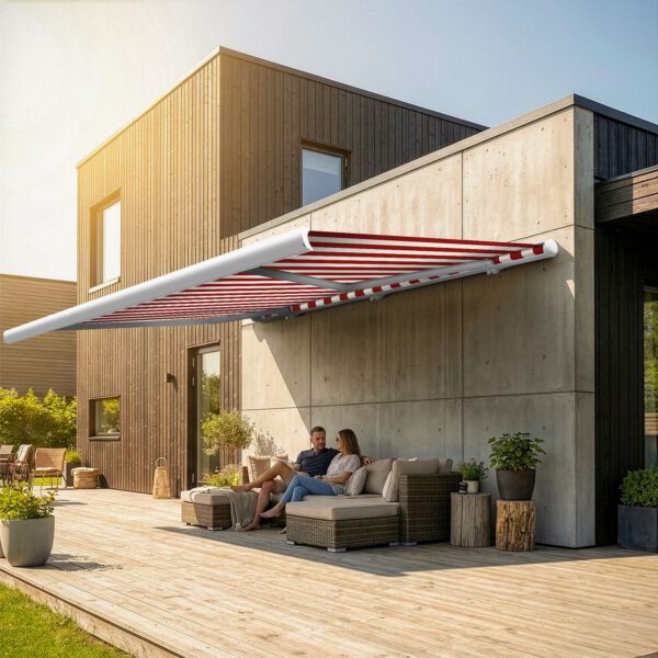 Markise elektrische Premium Kassettenmarkise Gelenkarm Vollkassettenmarkise weisse Kassette entspricht RAL 9010 600000 Markisen VK white 2026 4 2