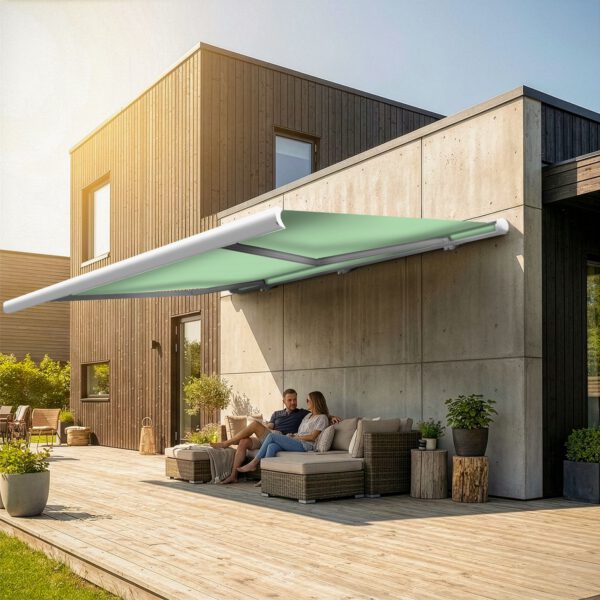 Markise elektrische Premium Kassettenmarkise Gelenkarm Vollkassettenmarkise weisse Kassette entspricht RAL 9010 600000 Markisen VK white 2026 40 2