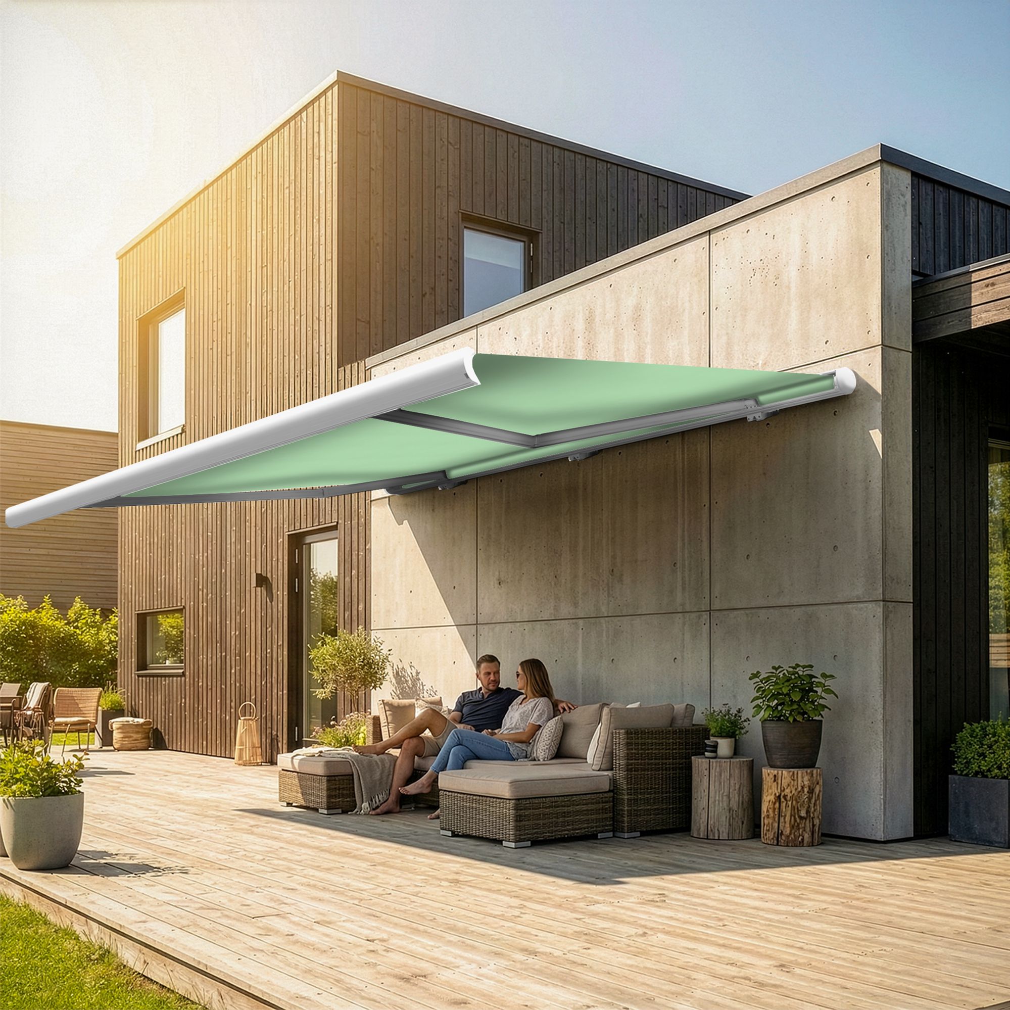 Markise elektrische Premium Kassettenmarkise Gelenkarm Vollkassettenmarkise weisse Kassette entspricht RAL 9010 600000 Markisen VK white 2026 40 2