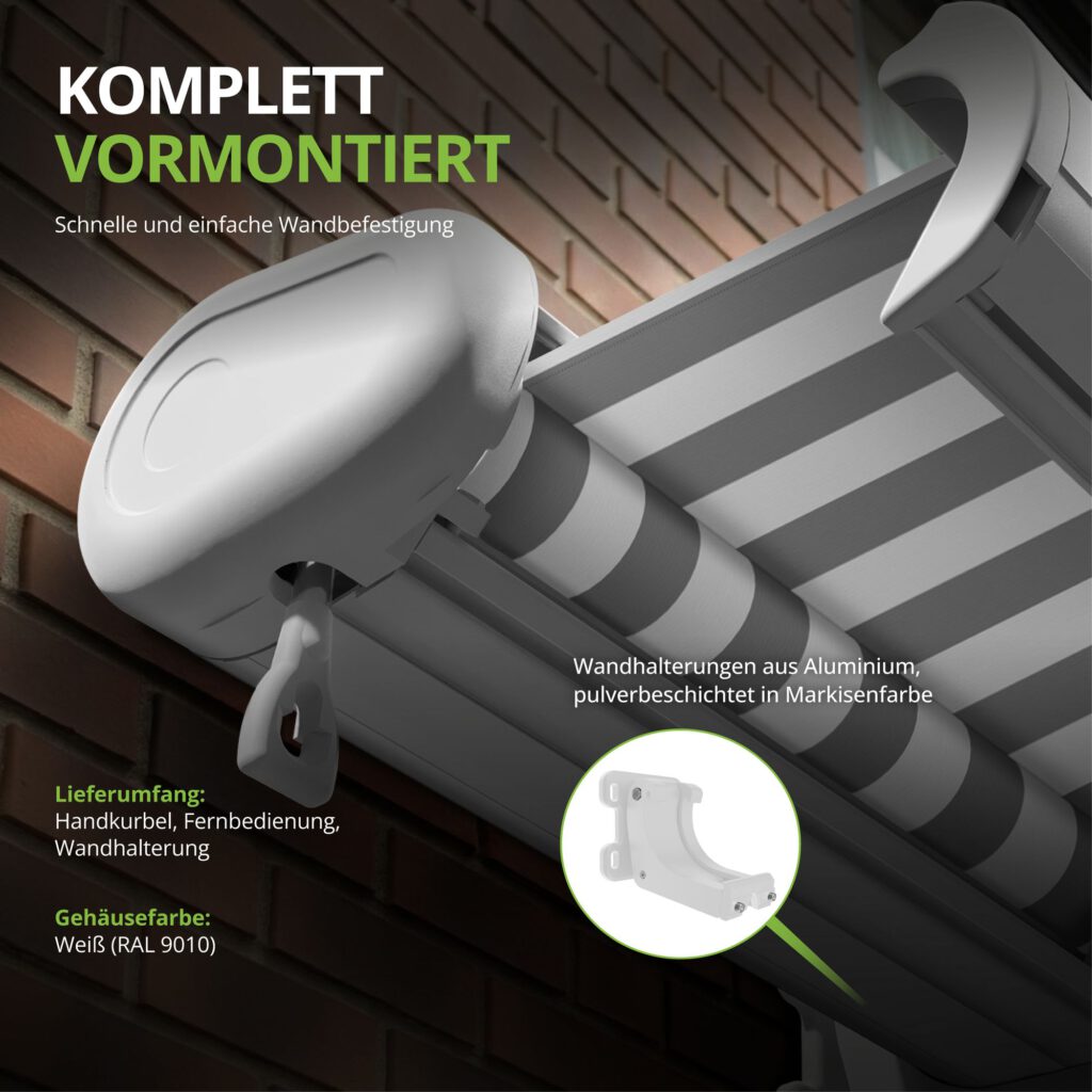 Markise elektrische Premium Kassettenmarkise Gelenkarm Vollkassettenmarkise weiße Kassette (entspricht RAL 9010)