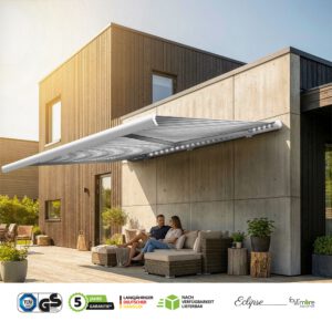 Markise elektrische Premium Kassettenmarkise Gelenkarm Vollkassettenmarkise weisse Kassette entspricht RAL 9010 600000 markisen VK 2026 start white 2
