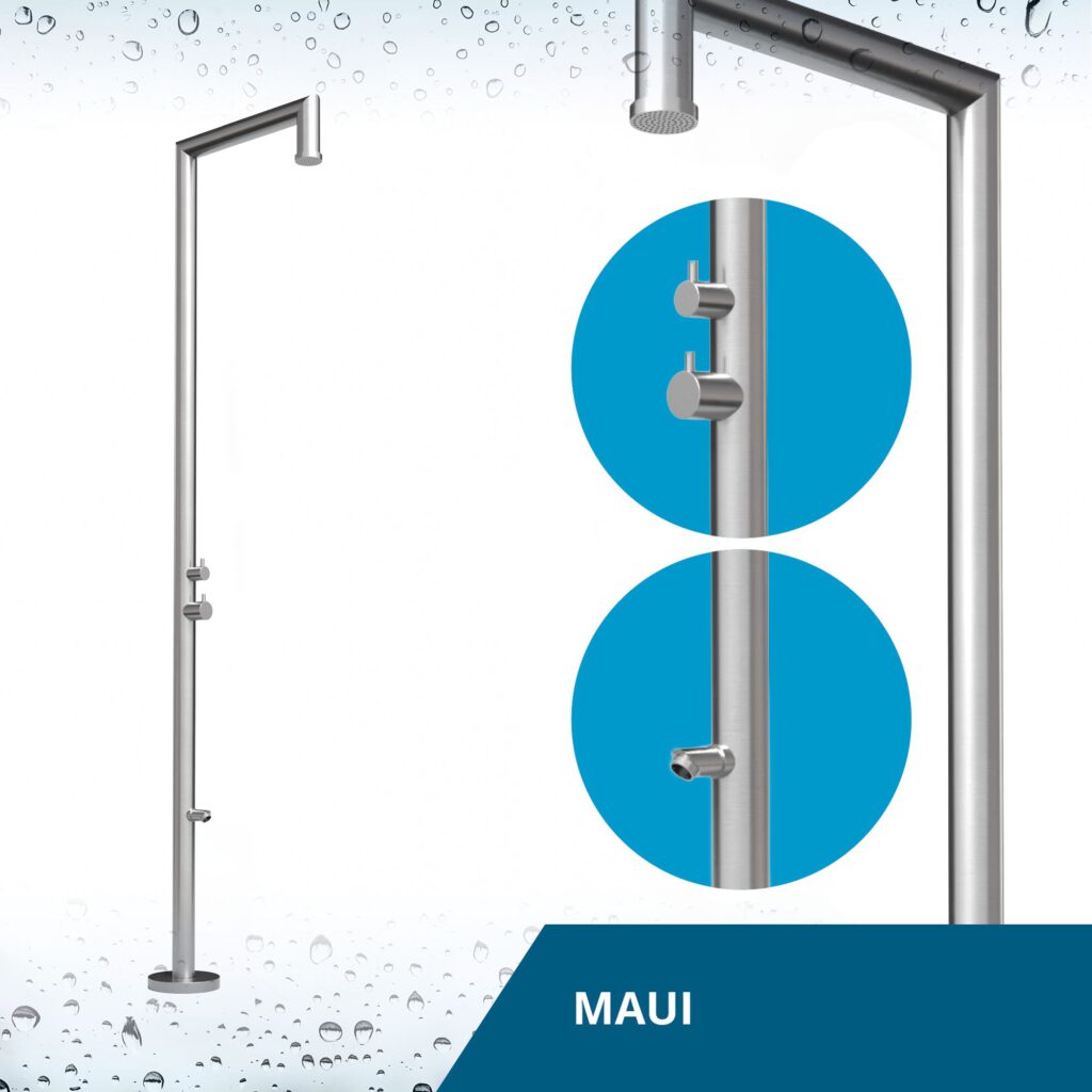 Designer Gartendusche aus V4A / 316 Edelstahl Modell "MAUI"